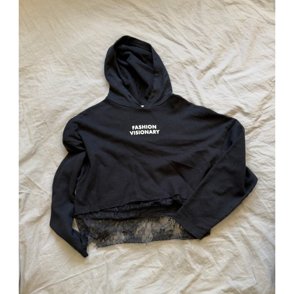 ZARA TRAFALUC Fashion Cropped Black Hoodie with Lace‎